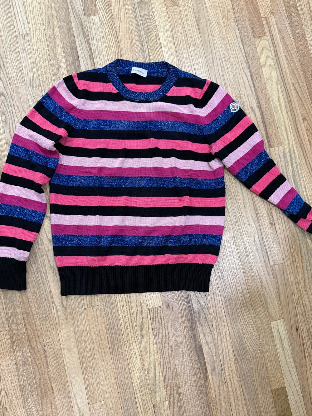 Authentic Moncler Pink, Blue & Black Striped Crewneck Sweater size M